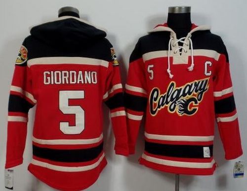 Flames #5 Mark Giordano Red/Black Sawyer Hooded Sweatshirt Stitched NHL Jersey - Click Image to Close